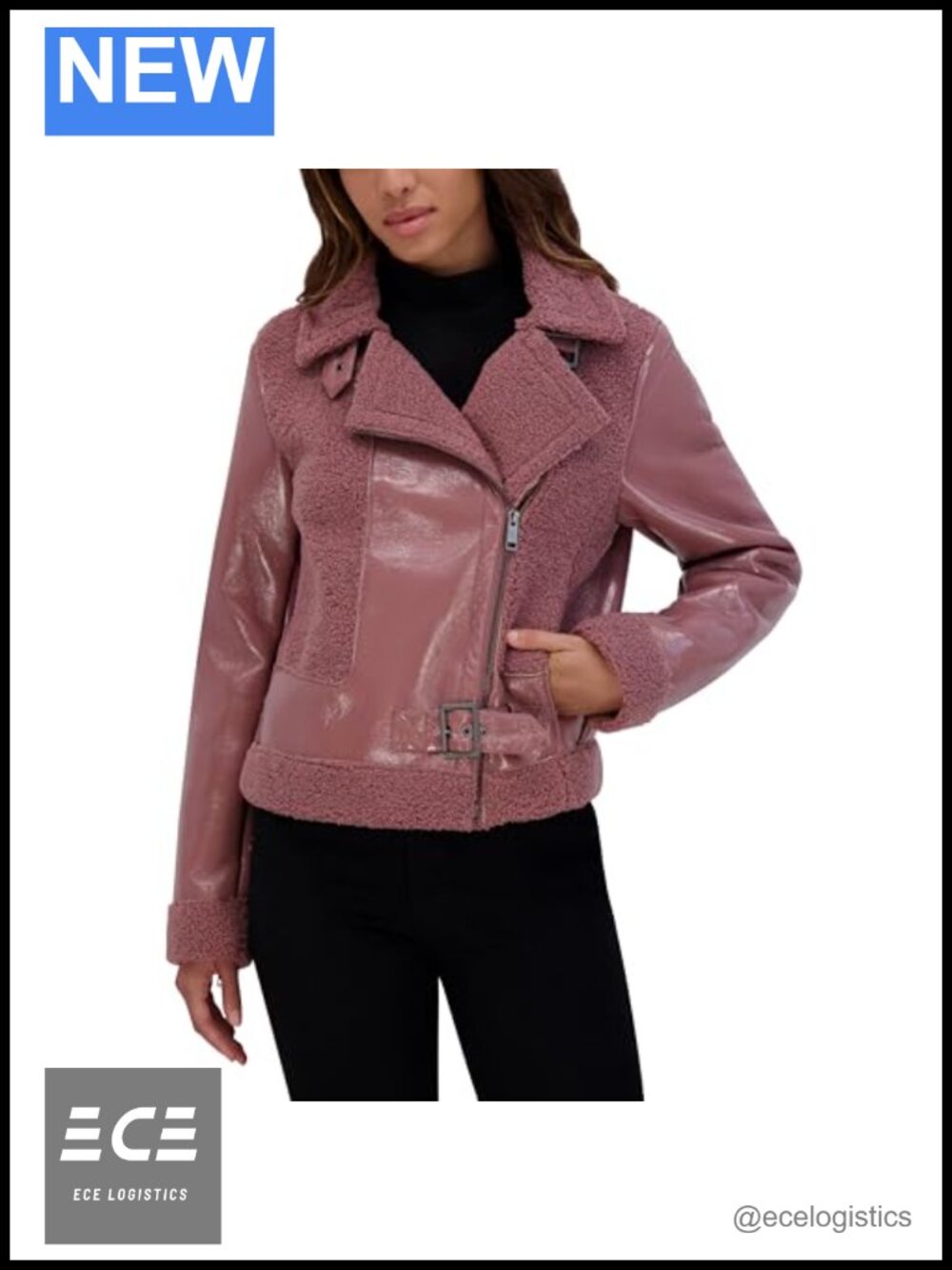 Faux Patent Leather Moto Jacket Mixed Media Detail